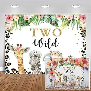 Mocsicka Two Wild Backdrop for Girl Jungle Safari Animals 2nd Birthday Party Decoration 7x5ft Floral Leopard Photo Background for Birthday Banner (7x5ft (82x60 inch))