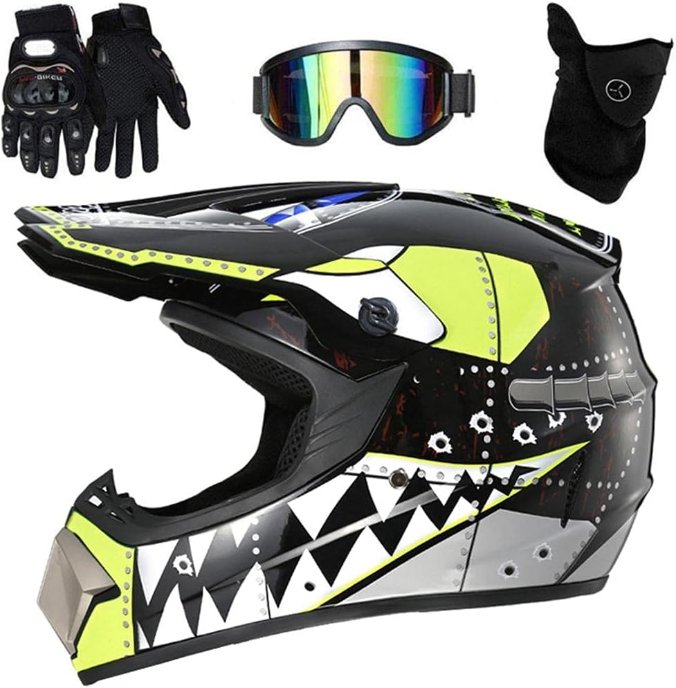 Casco de moto para niños, casco de motocross, casco completo para niños, con gafas, guantes y máscara para todoterreno, Dirt Bike, moto, bicicleta de montaña
