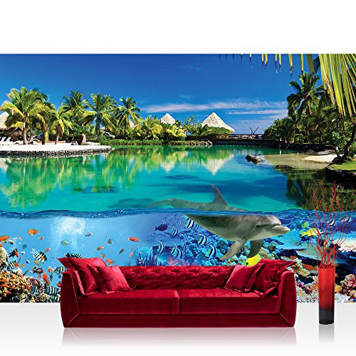 Vlies Fototapete 312x219cm PREMIUM PLUS Wand Foto Tapete Wand Bild Vliestapete - Tiere Tapete Delfin Fische Korallen Tiere Meer Palme Strand Hütten blau - no. 2044