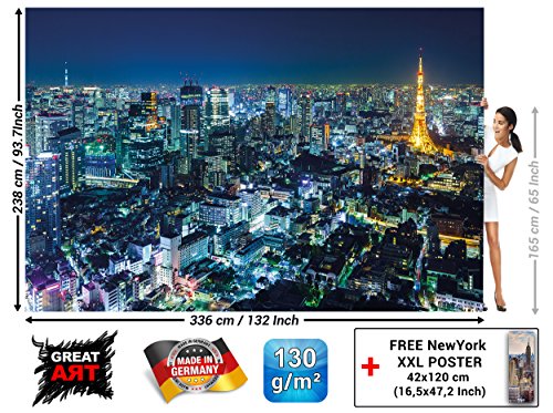 Fototapete Tokyo City Wandbild Dekoration Tokio Skyline night Metropole Tokyo Tower Panorama Bild Japan Deko Welt-Stadt Reisen | Foto-Tapete Wandtapete Fotoposter Wanddeko by GREAT ART (336 x 238 cm) - 3
