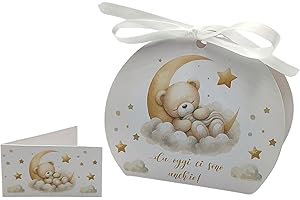 PV Grafik® 24PZ Bomboniere Nascita Orsetto, Scatoline Portaconfetti Bimbo Bimba, Scatola Confetti Baby Shower Battesimo Compleanno, Set con Bigliettino e Nastrino (11B)