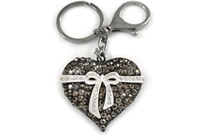 Avalaya Hematite Crystal with White Enamel Bow Puffed Heart Keyring/Bag Charm In Black Tone Metal - 10cm L