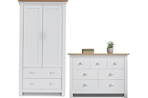 Blisswood 2 Piece Bedroom Furniture Set, 2 Door Wardrobe & 4+3 Drawer Chest of Drawer Bedside Table Cabinet Bedroom Set for Bedroom Storage furniture (White & Oak)