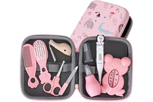 PLIC CARE - Trousse de Soin Bébé Rose – Dès la Naissance – 9 Essentiels de Soin – Thermomètre Rectal, Thermomètre de Bain, Peigne, Brosse, Lime, Mouche Bébé… - Kit Complet de Puériculture