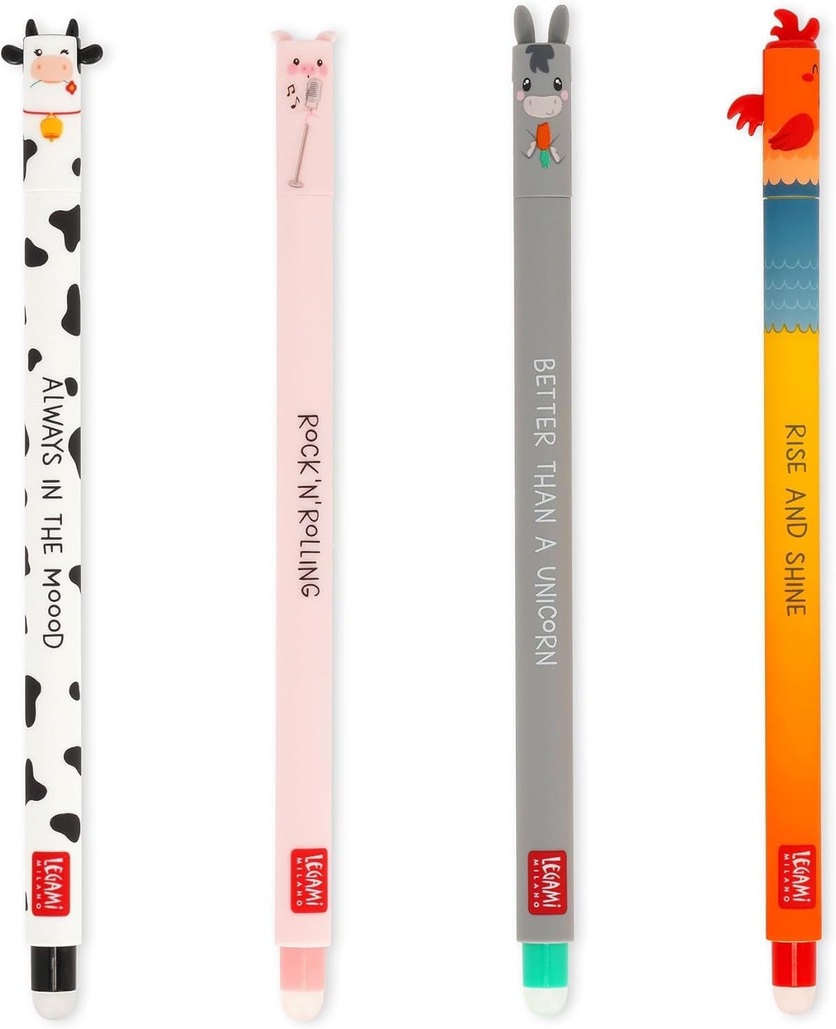 Legami - Set de 4 bolígrafos de gel borrable Farm Sweet Farm, bolígrafos con tinta borrable termosensible, negro, rosa, verde, rojo, borra sin consumir la hoja, punta de 0,7 mm
