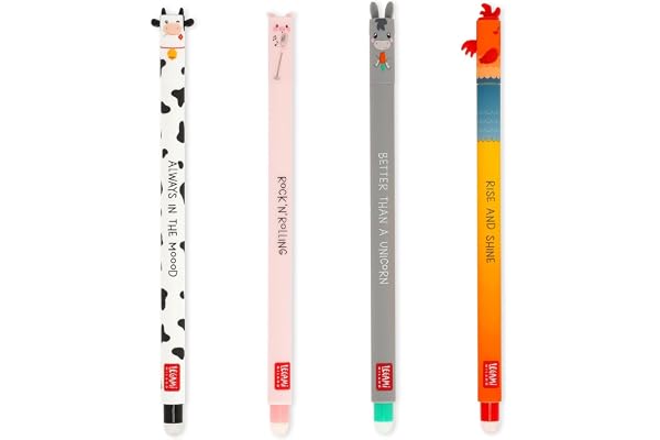 LEGAMI - Set of 4 Farm Sweet Farm Erasable Gel Pens, Stylos à encre thermosensible effaçable, noir, rose, vert, rouge, efface sans consommer de feuille, pointe 0,7 mm
