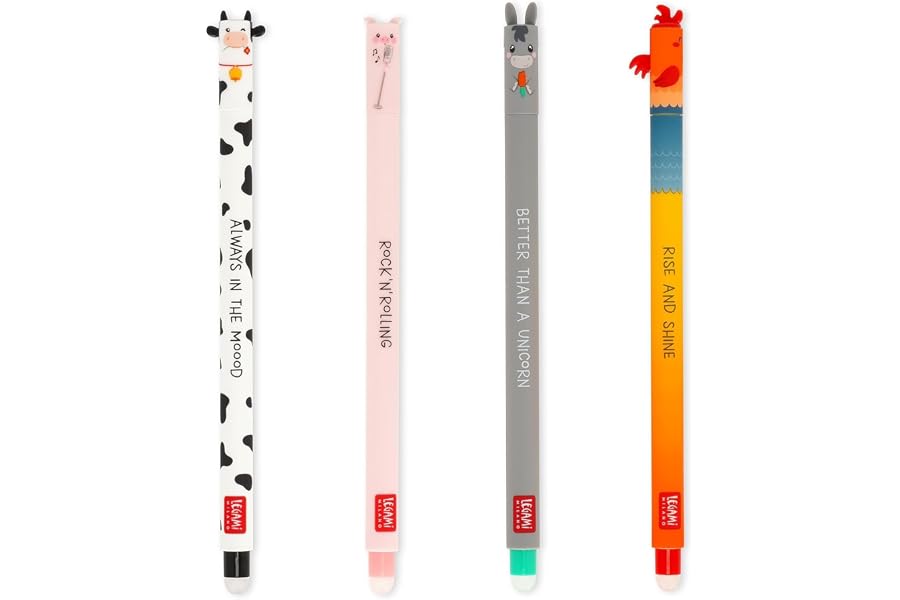 Legami - Set de 4 bolígrafos de gel borrable Farm Sweet Farm, bolígrafos con tinta borrable termosensible, negro, rosa, verde