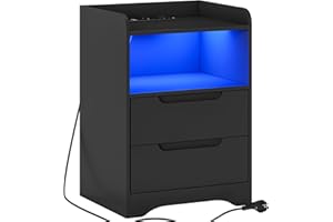 ‎BRINLAWB Brinlawb Nachttisch mit LED-Beleuchtung und Ladestation(2 AC-Steckdosen, 2 USB-Anschlüsse) Nachtschrank mit 2 Schubladen und 1 Offenes Fach Beistelltisch Sofatisch für Wohnzimmer Schlafzimmer, Schwarz