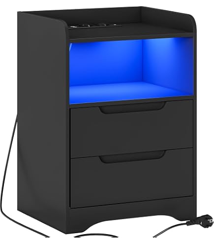 YITAHOME Nachttisch Mit LED-Lichtleiste – 7 Farben, Steckdose & USB, Schublade & Regal, 40x35x62 Cm, Schwarz