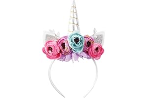 Nishine Girls Glitter Unicorn Horn Headband Camellia Pony Head Band Flower Hair Band Tiara for Party Birthday Gift