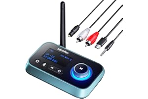 Bluetooth 5.0 Transmitter Receiver - SOOMFON Bluetooth TV Adapter with Volume Control, Dual Link Long Range Audio Bluetooth Transmitter for TV to Wireless Headphones (Optical, RCA, Aux)