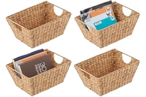 mDesign Juego de 4 cestas trenzadas con asas – Organizador de estantes para dormitorio, salón, baño o pasillo – Cestas organizadoras de jacinto de agua para accesorios del hogar – color natural