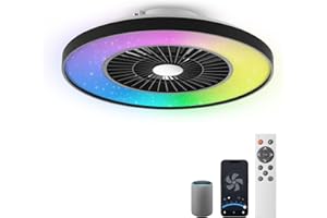 ‎BKZO BKZO moderne RGB-LED-Deckenleuchte mit Ventilator Ø 60cm, RGB Deckenventilator mit Lampe, Stufenlos Lüftungsgeschwindigkeiten, mühelose Lichtdimmung, 3000-5500 K, Schwarz, 60CM