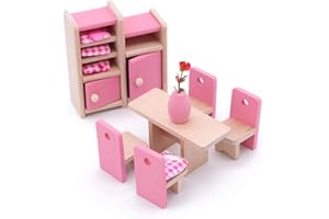 POFET Children Wooden Dining Room Dollhouse Miniature Furnitures Dining Table Chairs Cabinet Toy Set Doll Family Pretend Play Accessories