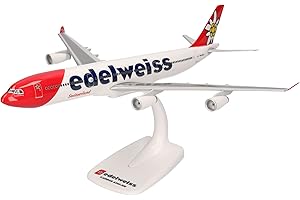 herpa Snap-Fit modèle d'avion Edelweiss Air Airbus A340-300 – HB-JMC “Flumserberg”, Miniature à l'échelle 1:200, pièce de Collection, modèle avec Support, Plastique