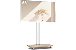 AOKCOS Supporto TV Rotante con ripiano in legno, supporto TV su rotelle per TV da 32-65 pollici, supporto TV da pavimento Altezza regolabile Girevole, max. VESA 400x400 mm 40kg