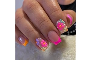 JUSTOTRY 24 Pcs Hot Pink French Tip Press on Nails with Flower Pattern,False Nails Short Square,Glossy Squoval Stick on Nail for Women and Teens,Fake Nail for Nail Art
