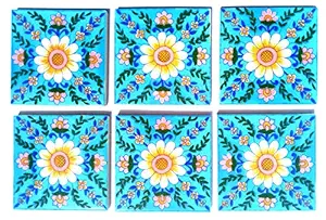 Shiv Kripa Decorative Ceramic Tabletop Interior Exterior Flooring Wall Kitchen Washroom Tile Mosaic Tiles 3x3 Inch 6 Tiles of Set (Sky Blue & Multi)