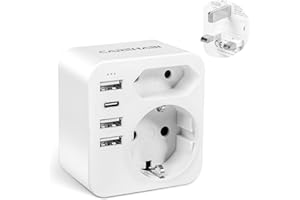 Carehabi Adaptateur Prise Anglaise, Prise Anglaise Adaptateur Francais avec 3 USB-A et 1 USB-C, Adaptateur Type G, Adaptateur UK, Adaptateur Prise Irlande, Prise Type G pour Angleterre Malte Malaisie
