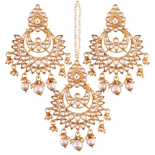 I Jewels Gold Plated Kundan & Pearl Earring Set with Maang Tikka for Women (TE2498W)