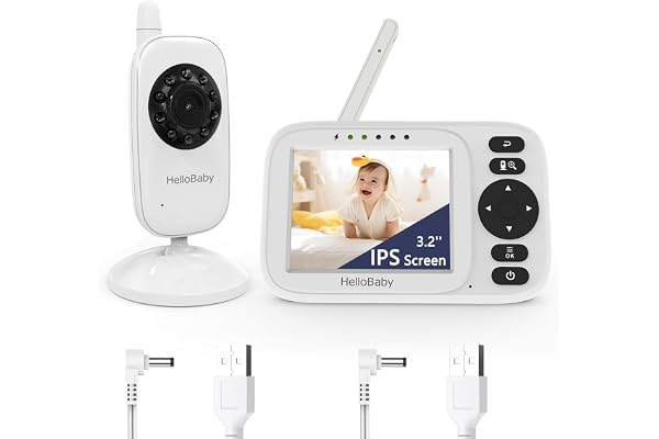HelloBaby Babyphone Caméra sans WiFi, Caméra Surveillance Bébé 3,2'' IPS, Caméra de Surveillance bébé, Vision Nocturne, Mode ECO/VOX, Portée Étendue 305m, 2 Câbles USB, HB2438
