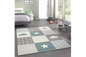 Teppich-Traum Alfombra para niños Juego de Alfombra con Estrella y Nube en Crema Gris Azul Größe 160x230 cm