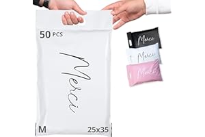 EMBALLAX - 50 Emballages pour Colis Vinted 35x25cm - OPAQUE/ULTRA-RÉSISTANT/IMPERMÉABLE - Enveloppe d’Expédition Plastique - Vetement & Boite - Pochette d'Envoi Postal - Sac Poignée - Merci
