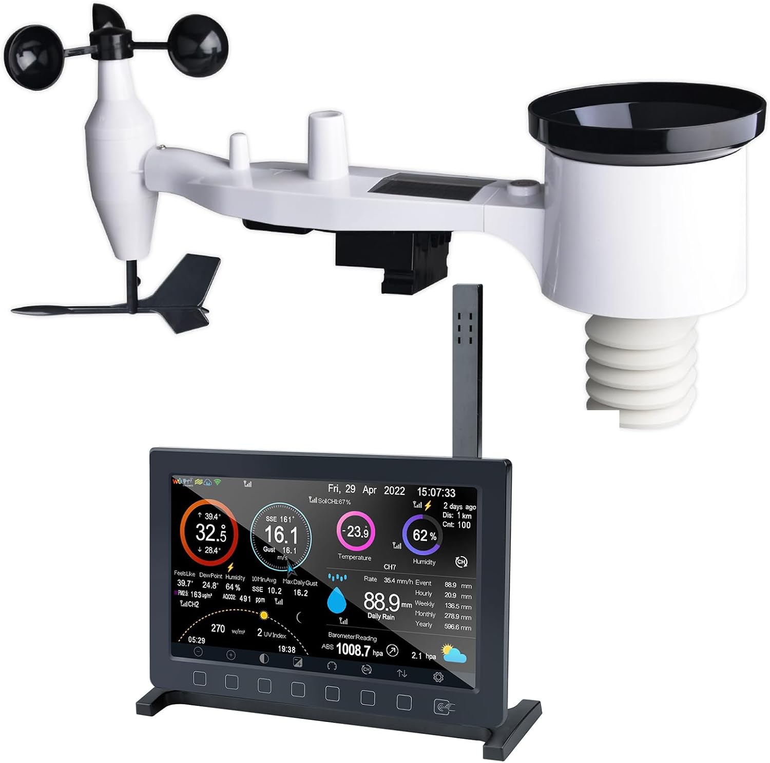 ECOWITT Estación Meteorológica con Sensor Externo HP2561, 7 en 1 WiFi Alimentado por Energía Solar con Sistema de Monitoreo Remoto, Pantalla TFT de 7 Pulgadas para Previsión del Tiempo para Jardín