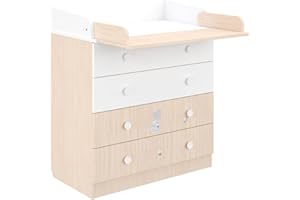 ‎SHEFA Shefa Kids Wickelkommode 800 Amis weiß-Pastell Eiche - Hochwertiger Wickeltisch mit 4 Schubladen, 80,4 x 48 x 91,7 cm
