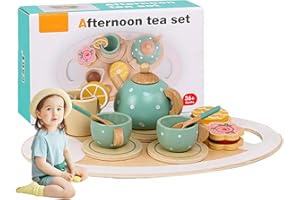 WOEAU 15PCS Tea Party Set for Children - Pretend Play Picnic Tea Time for Kids Wooden Tea Set for 3, 4, 5 Year Old Girls and Boys for Toy Tea Sets for Toddlers