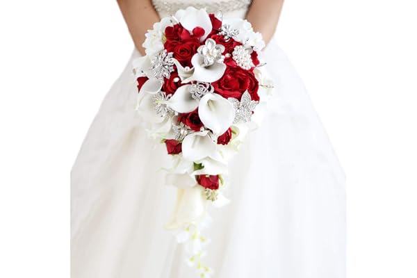 YIFUwedding IFFO Bouquets de mariée avec Fleurs de lys Calla artificielles, Diamants et Perles Roses, décoration de fête de Mariage (Rouge)