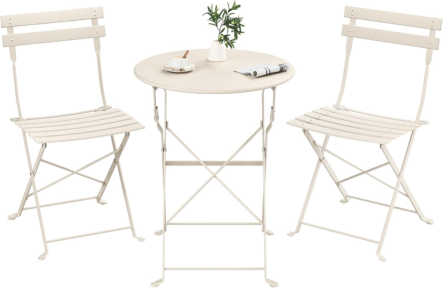 SONGMICS Juego de Jardín de Exterior, 3 Piezas, 2 Sillas y 1 Mesa, Plegable, Salón de Exterior, Acero, Resistente a la Intemperie, para Balcón, Terraza, Beige Capuchino GGF036LZ01