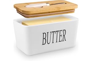 Dyserbuy Large Butter Dish with Lid and Knife, Porcelain Butter Container with Double Silicone Seals Cover, Ceramic Butter Keeper for Countertop, Perfect for East West Coast Butter (White)