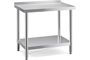 FIDOOVIVIA 90 x 60 x 80cm Stainless Food Prep Table, Kitchen Catering Table with 3.5cm Backsplash & Double Layer, 150kg Load Capacity Heavy Duty Commercial Work Table for Restaurant Kitchen Bar Garage