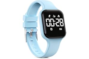 Focwony Digitale Kinderuhr, Schrittzähler, wasserdicht, Fitness-Tracker, Armbanduhr mit Schrittzähler, LED-Anzeige, Stoppuhr für Kinder, Jungen, Mädchen, Teenager (Hellblau)