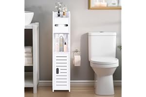 powerking Toilet Paper Holder Stand with Rods, Small Bathroom Storage Cabinet with Doors and Shelves, Slim Storage Cabinet for Bathroom Small Spaces Corner Floor - White