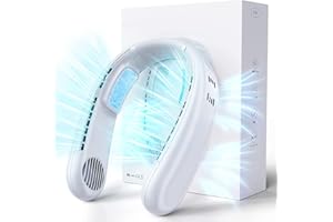 AMAILTOM Ventilateur de Cou, Climatiseur Mobile de Cou avec 2 Coussinets de Refroidissement Semi-conducteurs,Climatiseur Portable Refroidissement Instantané 360° 4-Core USB Rechargeable pour Camping Voyage