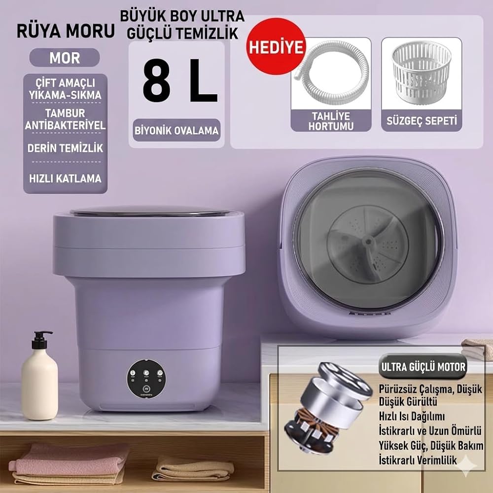 Katlanabilir Mini Çamaşır Makinesi 8 L Taşınabilir Yıkama ve Kurutma | Yurtlar için Uygun, Seyahate Uygun, Yer Tasarruflu, İç Çamaşırı ve Havlu, Küçük Evler için