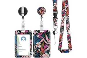 Vicloon Smycz z etui na legitymację, 2 etui na identyfikator z rozwijaną linką, odpinane, z klipsem i karabińczykiem, twarda osłona na legitymację dla kobiet, nauczycieli, studentów (różowe kwiaty)