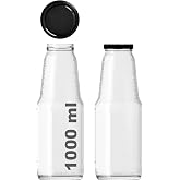 1000 ml Şeffaf Meyve Suyu Şişesi, Meşrubat, Limonata Şişesi Metal Kapaklı 1000 Cc Boş Cam Şişe (2, Siyah Kapak, 1000, Mililit