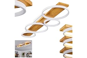 HOFSTEIN Lampa sufitowa LED Rodekro, ściemnialna lampa sufitowa wykonana z metalu/drewna w kolorze białym/naturalnym, ściemnialna, oprawa z drewnianą belką, 1 x LED 44 W, 3000 K, 5100 lumenów