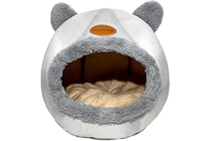 Benixmidart Cat Bed Cave, Velvet Cat House Semi-Enclosed Kitten Bed with a Removable Mat& Non-slip Bottom, Foldable Cat Nest Bed Cat Tents For Indoor Cats (Grey, M)