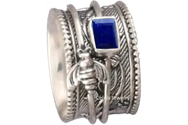 Anillo de meditación Spinner de abeja de miel de plata de ley 925 sólida, anillo de piedra preciosa de zafiro azul natural, anillo de piedra de nacimiento de septiembre hecho a mano único