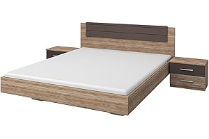 Rauch Möbel Barcelona Bett Doppelbett mit 2 Nachttischen, Eiche Sanremo hell / Lavagrau, Liegefläche 160x200 cm, Stellmaß Bett-Anlage inklusive Nachttische BxHxT 265x85x206 cm