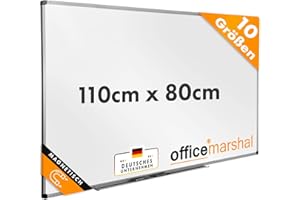 OfficeMarshal Tableau blanc magnétique 110 x 80 cm avec cadre en aluminium et porte-stylo amovible pour bureau, maison et école, résistant aux rayures et effaçable à sec, tableau magnétique