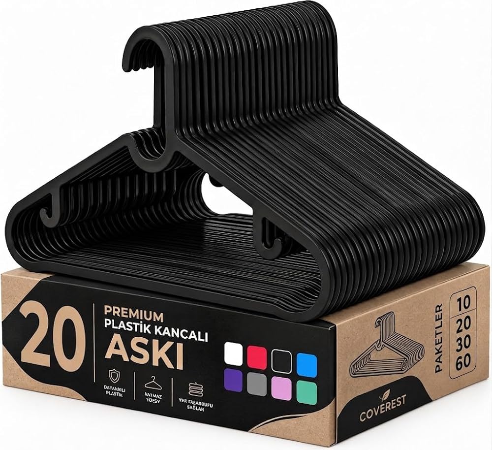 Coverest 20 Adet Slim Plastik Elbise Askısı, Gardrop İçin Alan Tasarruflu Pantolon Gömlek Ceket Etek Askısı, Kıyafet Askısı, 38.5 cm x 18 cm (20, SİYAH)