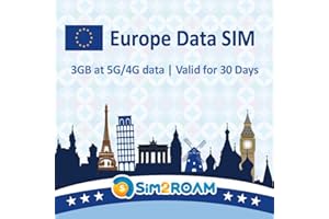SIM2ROAM Carta SIM SOLO dati Europa 30 giorni | Scheda SIM dati prepagata ad alta velocità 5G/4G LTE | Buona connessione | RICARICABILE! (3 GB/30 giorni)