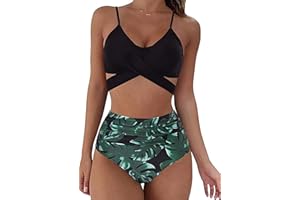 CheChury Costumi da Bagno Donna Bikini Imbottito Halter Regolabile Cross Costumi Mare Donna con A Vita Alta Stampato Contorto Due Pezzi Beachwear