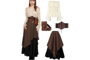 kasahara 5pcs Mittelalter Kleidung Damen Set, Retro Off Shoulder Bluse Kleid Renaissance Kostüm Victorian Bekleidung Maxi Dressm mit Corsett, Gürteltasche, Gürtel, Karneval Faschingskostüm