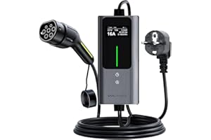 VDLPOWERVP Chargeur Voiture Electrique, 3.6KW EV Chargeur Type 2, Courant réglable 6/8/10/13/16A, 5M Cable Recharge Véhicule Electrique avec EU Schuko, Borne de Recharge Monophasé IP65 (3.68KW-5M)